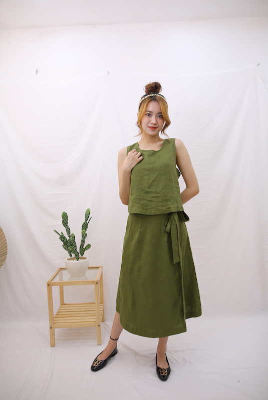 Wrap Linen Skirt/ Wide Skirt/ Cross Back Top/ Linen Set For Women Dilostyle